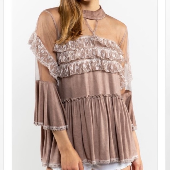 POL Tops - 🍂FABULOUS! COCOA RUFFLED SHEER BABY DOLL TOP